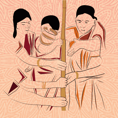 Sumangalis Erecting the Bamboo Pole During Pandal Kaal Muhurtham in Tamil Brahmin Iyer Pre Wedding Ritual